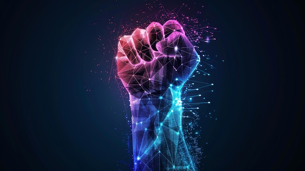 Concept of digital revolution or transformation graphic of low poly rising fist with futuristic elements