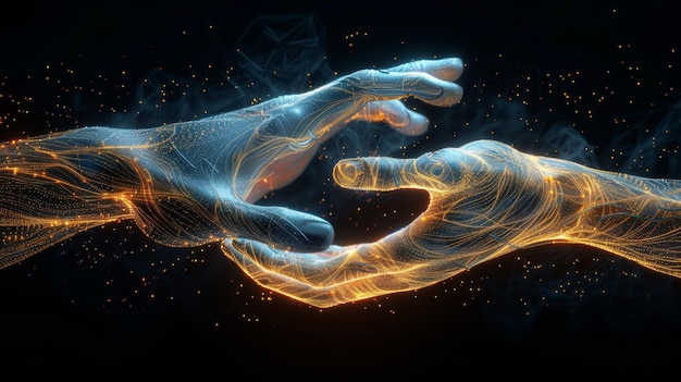 In concept of digital twins artificial intelligence and metaverse a luminous wire digital hand approaches a human hand on a black background