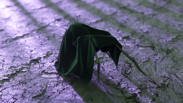 The concept of disguise A black karakurt in clothes walks on dry ground Black green mantle Insect 3d illustration