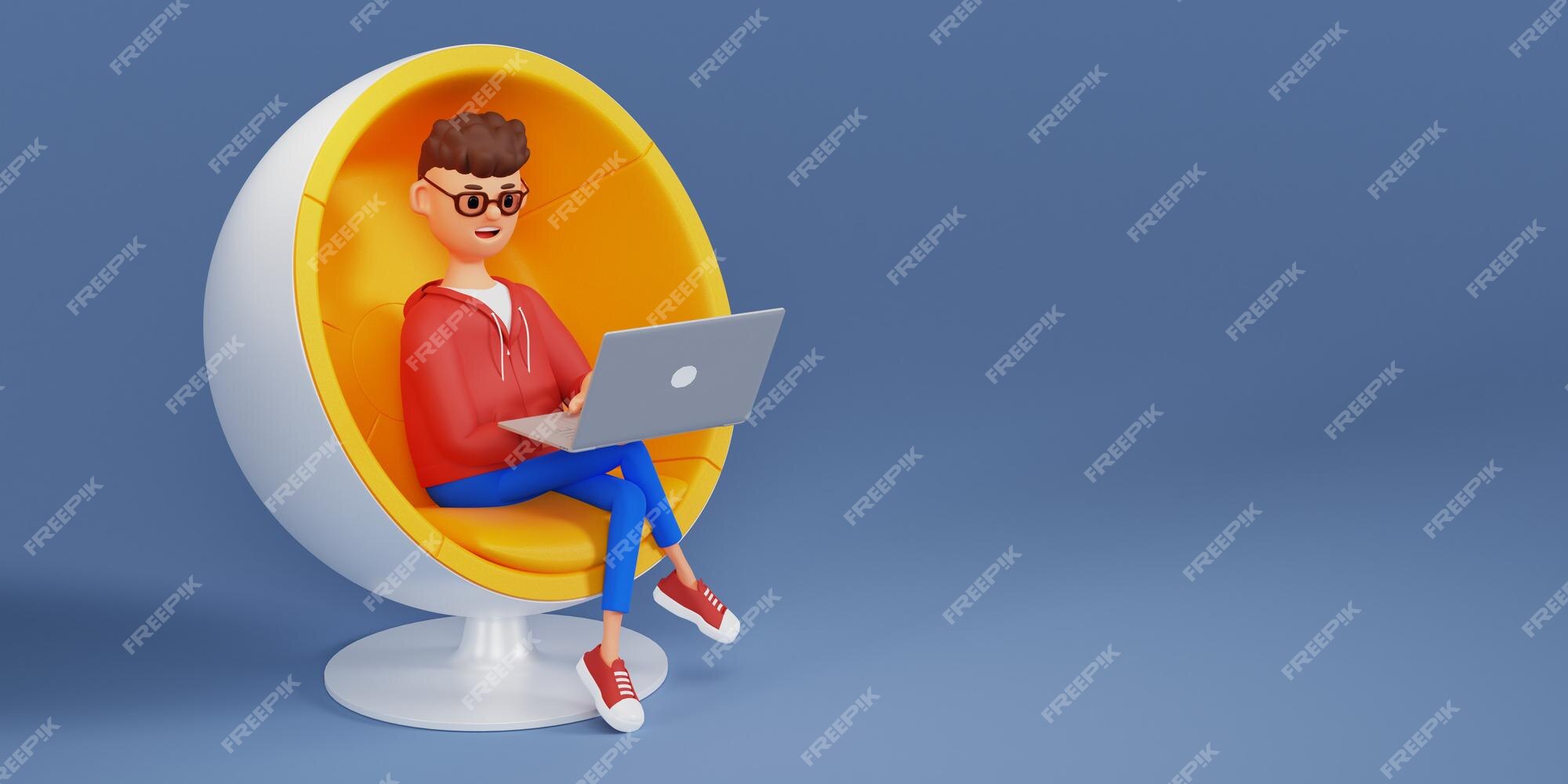 Premium Photo | The concept of distance work study and communication in  comfortable conditions at home cartoon character sits is resting in a chair  and watching a video on a laptop 3d illustration