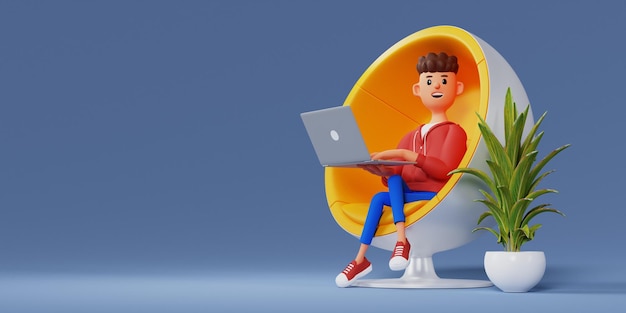 The concept of distance work study and communication in\
comfortable conditions at home cartoon character sits is resting in\
a chair and watching a video on a laptop 3d illustration