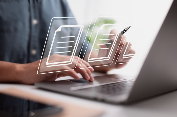 Photo concept of document management using symbols on a virtual screen, erp