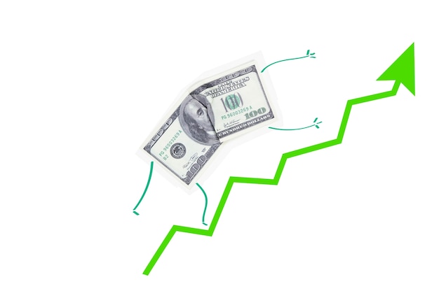 Concept of dollar growth on the stock exchange, green arrow up and a hundred-dollar bill going up on a white background isolated