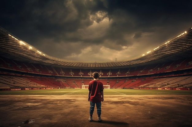 концептуальная драматическая картина молодого мальчика, стоящего в футболе на стадионе