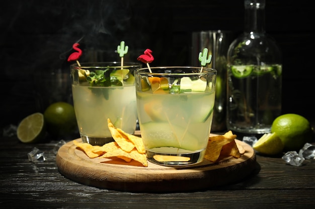 Concept of drink with Jalapeno cocktail on wooden table