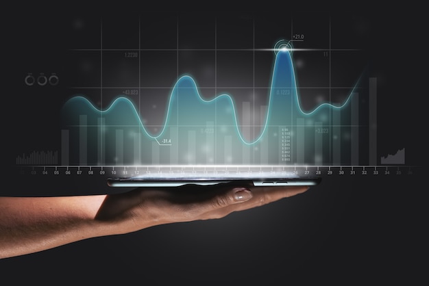 The concept of the dynamics of development and investment in business with a graph of growth and a p...