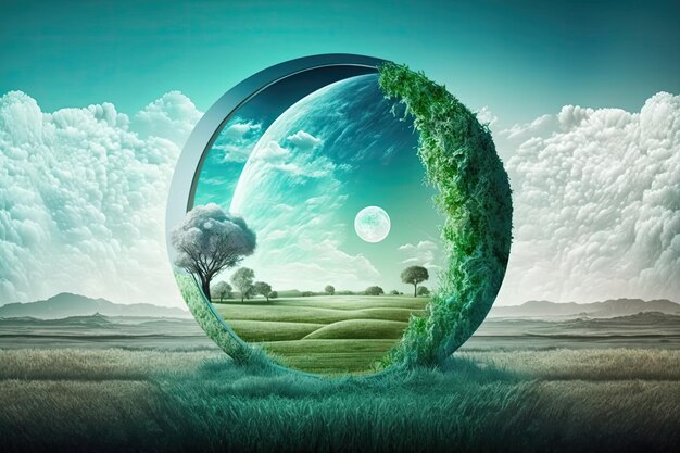 Concept for Earth Day featuring a hazy green landscape and blue sky in the background of a farm