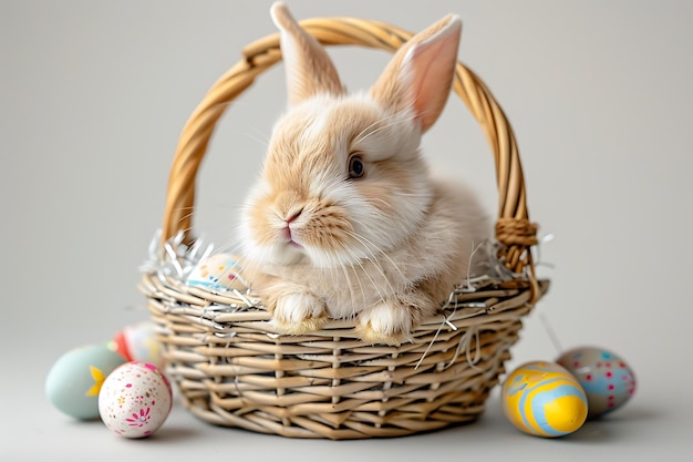 concept of Easter a white fluffy Easter bunny sitting in a basket with colorful eggs