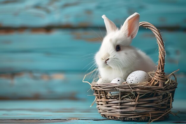 concept of easter a white fluffy easter bunny sitting in a basket with colorful eggs