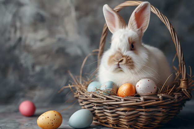 concept of Easter a white fluffy Easter bunny sitting in a basket with colorful eggs