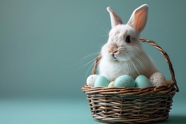 concept of Easter a white fluffy Easter bunny sitting in a basket with colorful eggs