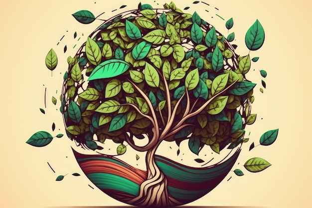 環境に優しい地球のコンセプト 植物を保持している図が描かれた緑の木は、緑の葉と芽で構成されています 緑の思考 エコロジーのアイデア 木に種をまき、自然を守り大切にします F