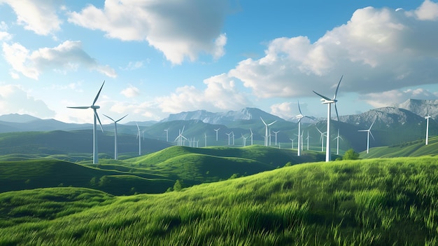 concept eco power energie windturbine op heuvel met zonsondergang