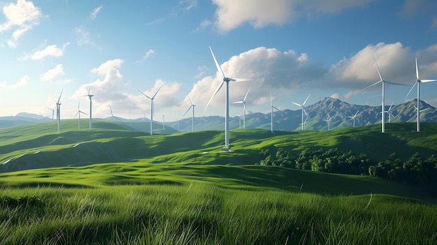 concept eco power energie windturbine op heuvel met zonsondergang