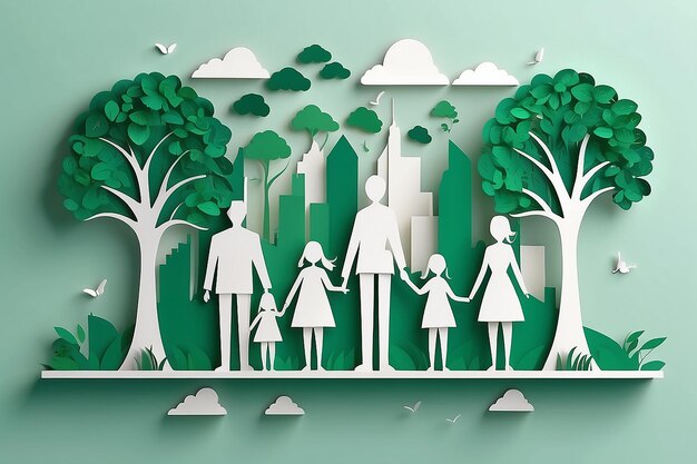 Photo concept of eco with family in the citypaper art style