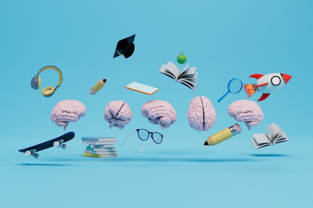 The concept of education brains headphones glasses books master's hat skate on a blue background