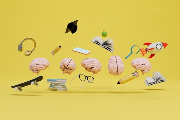 Photo the concept of education brains headphones glasses books master's hat skate on a yellow background