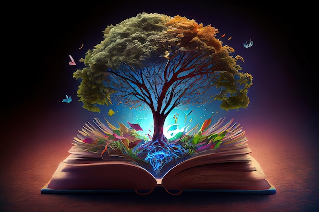 The concept of education by planting a tree of knowledge in the opening of an old book in the