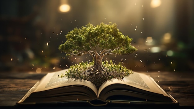 Концепция образования с посадкой дерева знания и открытием большой старой книги в библиотеке Генеративный ИИ