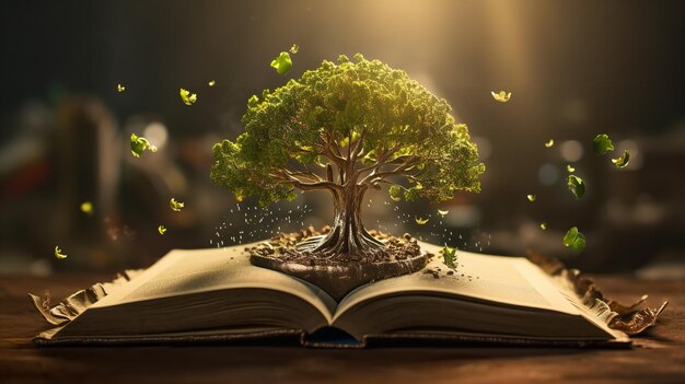 Concept of education with planting a tree of knowledge and opening a large old book in a library Generative AI