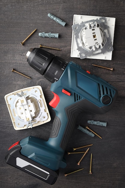 Concept of electrician or electrical tools top view