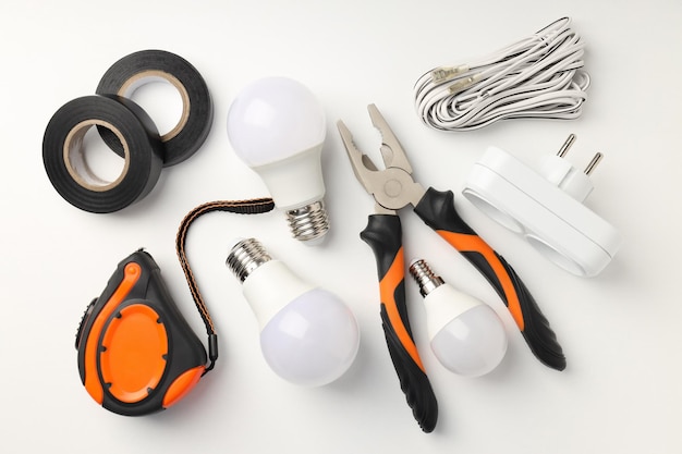 Photo concept of electrician or electrical tools top view