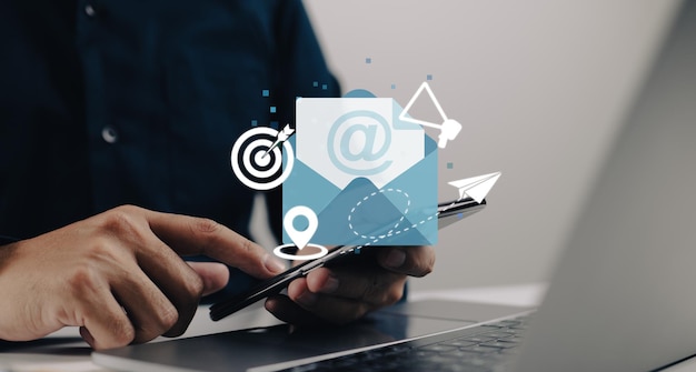 The concept of email marketing advertising medium customers to target messages to deliver invitations to send message notifications enticing offers