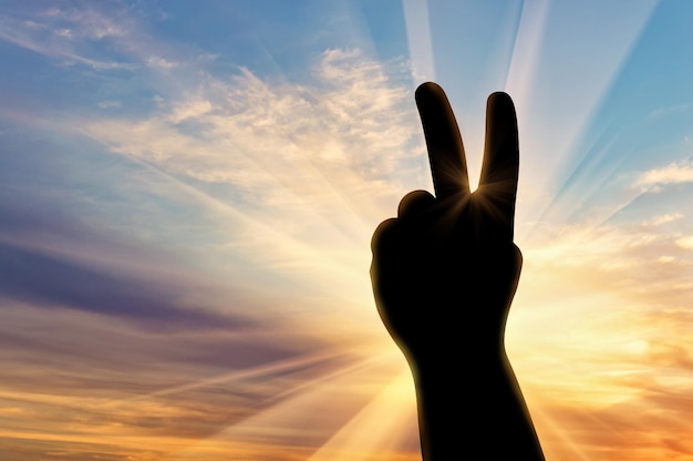 Photo concept of emotions and feelings. silhouette hand gesture peace on sunset background