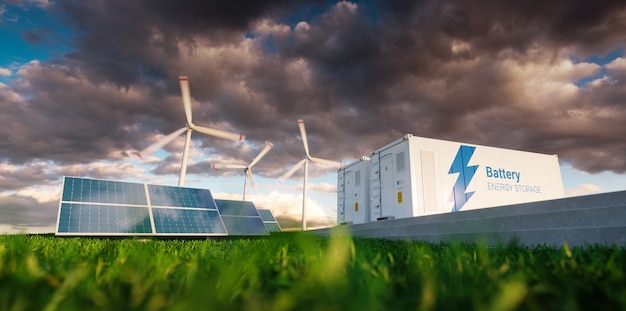 Photo concept of energy storage system. renewable energy - photovoltaics, wind turbines and li-ion battery container in fresh nature. 3d rendering.