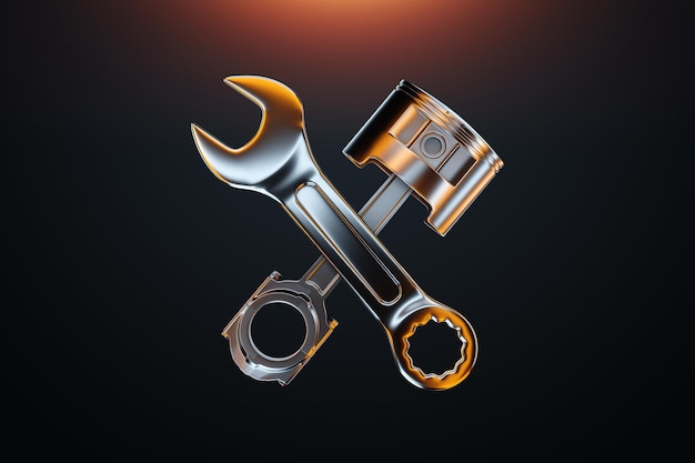 The concept of engine repair car repair image of wrenches and a\
cylinder on a dark background copy space 3d illustration 3d\
render