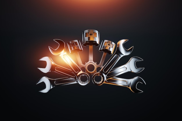 The concept of engine repair car repair image of wrenches and a\
cylinder on a dark background copy space 3d illustration 3d\
render