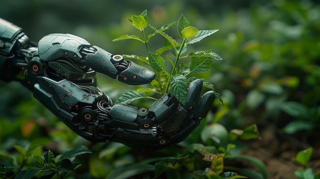 Photo concept of environmental technology robot hand holding small plants with environment icon artificial intelligence and technology ecology sustainable development goals artificial intelligence