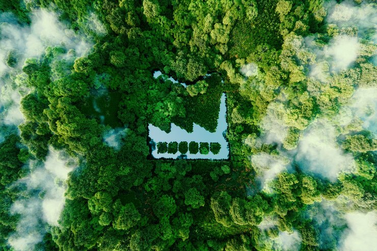 Photo the concept of environmentally friendly production. a pond shaped like a factory in the middle of a lush forest. 3d rendering.