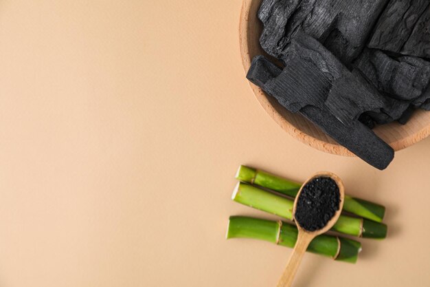 Photo concept of face and skin care bamboo and charcoal