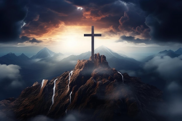 神への信仰の概念 雲の中の丘の上にある宗教的な十字架のシルエット 救いの希望 天に助けを求める