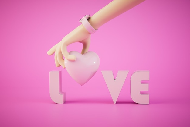 The concept of falling in love the hand holding the heart inside the inscription of love 3D render