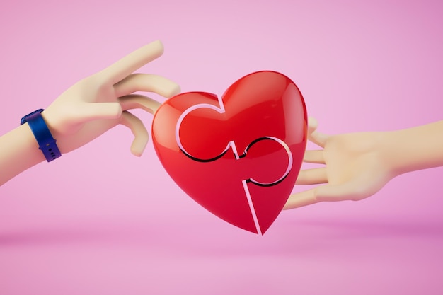 The concept of falling in love hands reaching for the heart on a pastel background 3D render