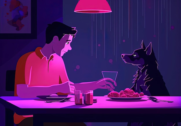 concept familie man en hond eten aan de keukentafel