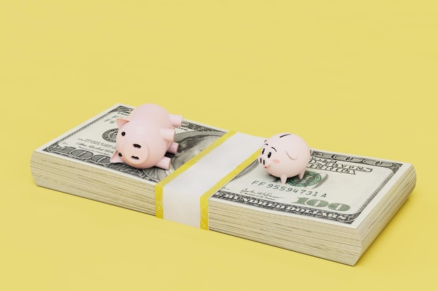 The concept of the family budget piggy bank in the form of a man and a woman on a wad of dollars