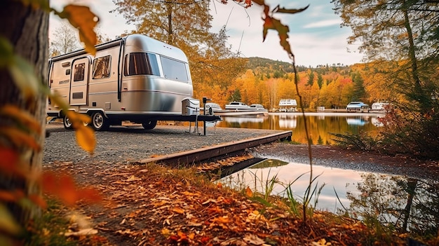 Concept of family local travel in home country on caravan or camper van and camping life with trailer of mobile home or recreational vehicle Generative Ai