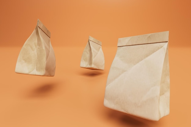 The concept of fast food delivery packing paper bags on an orange background 3D render