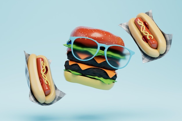 Photo the concept of fast food snacks hot dogs and cheeseburger in sunglasses on a blue background