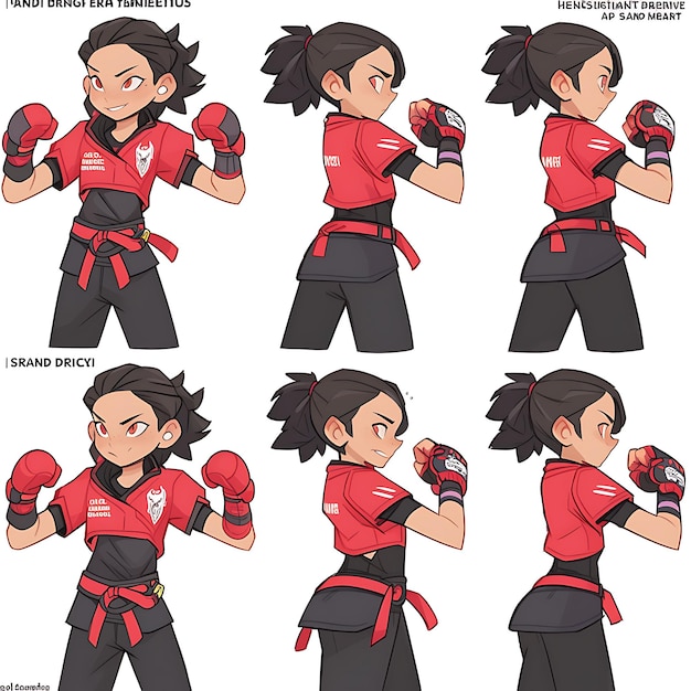 Concept of female average height martial artist warrior fashion red and character design 2d sheet