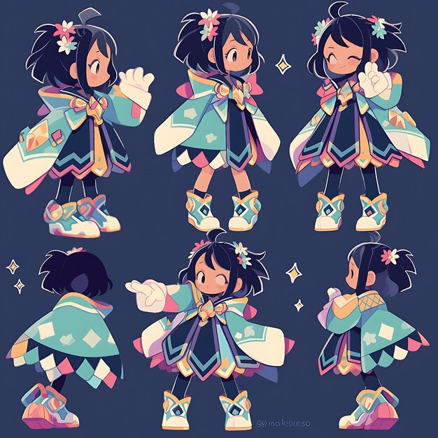 Photo concept of female short magical girl warrior neon and jewel tones porce character design 2d sheet