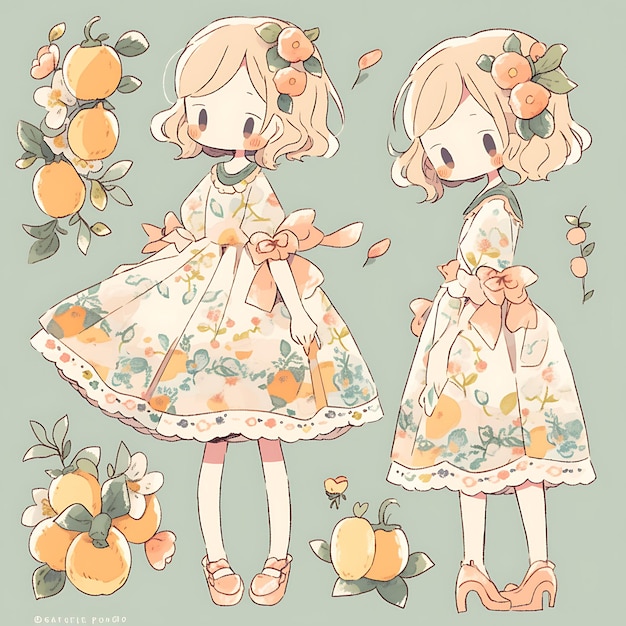 Concept of female short orchard blossom style soft pastels fair skin fl character design 2d sheet