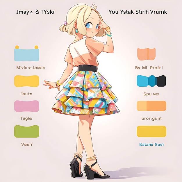 Photo concept of female short pop culture geek vibrant and quirky colors porc character design 2d sheet