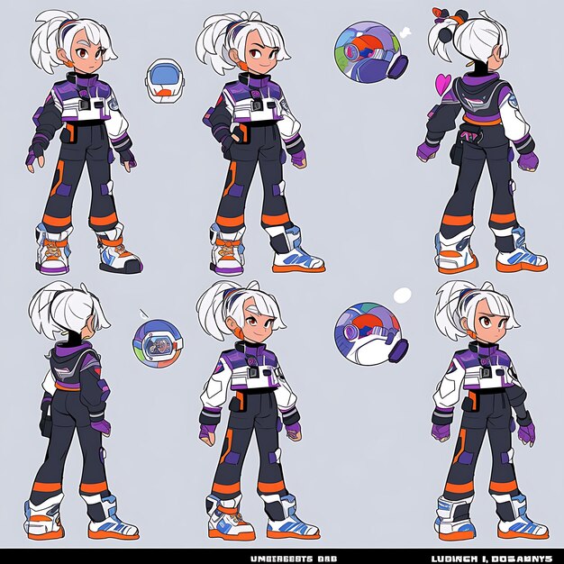 Concept of female short space warrior fashion metallic and galactic col character design 2d sheet