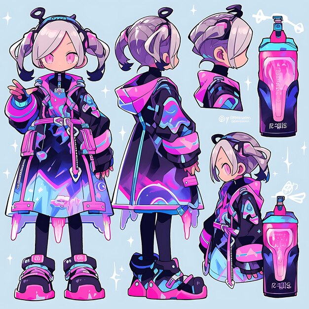 Concept of female tall cyberpunk neon colors fair skin holographic viso character design 2d sheet