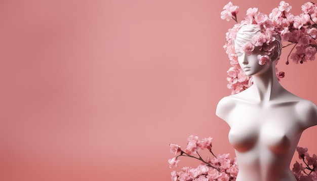 The concept of the fight against breast cancer an antique statue in flowers