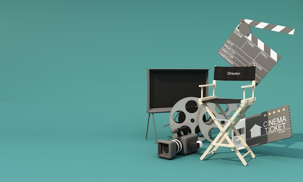 Concept film producer this includes the director's chair film
reels monitors cinematographers movie tickets and filmmaking
equipment and a discrete clapperboard on background 3d render